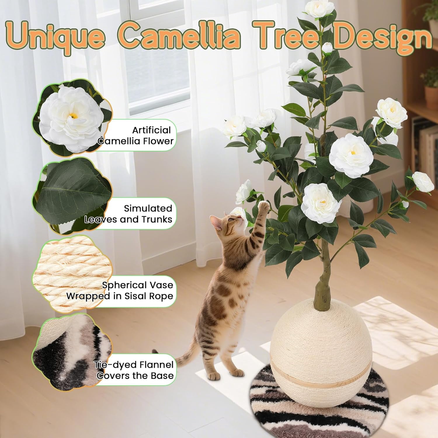 Scratching Post with Artificial Camellia Tree and Sisal Rope Ball, Modern Flower Decor for Indoor Cats