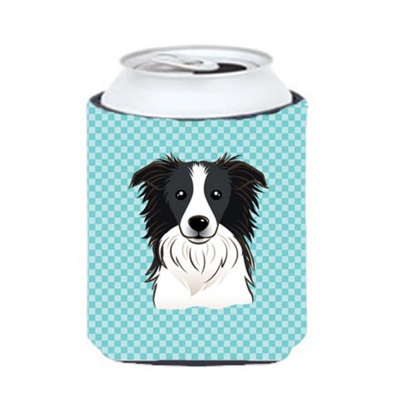 Checkerboard Blue Border Collie Can Or Bottle Hugger, 12 Oz.