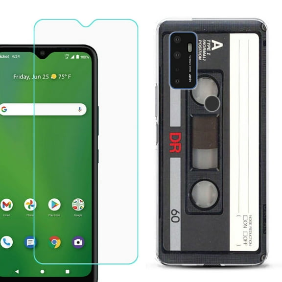 Shockproof Bumper Phone Case for AT&T Radiant Max 5G / Fusion 5G, with Tempered Glass Screen Protector, by OneToughShield ® - Vintage Cassette