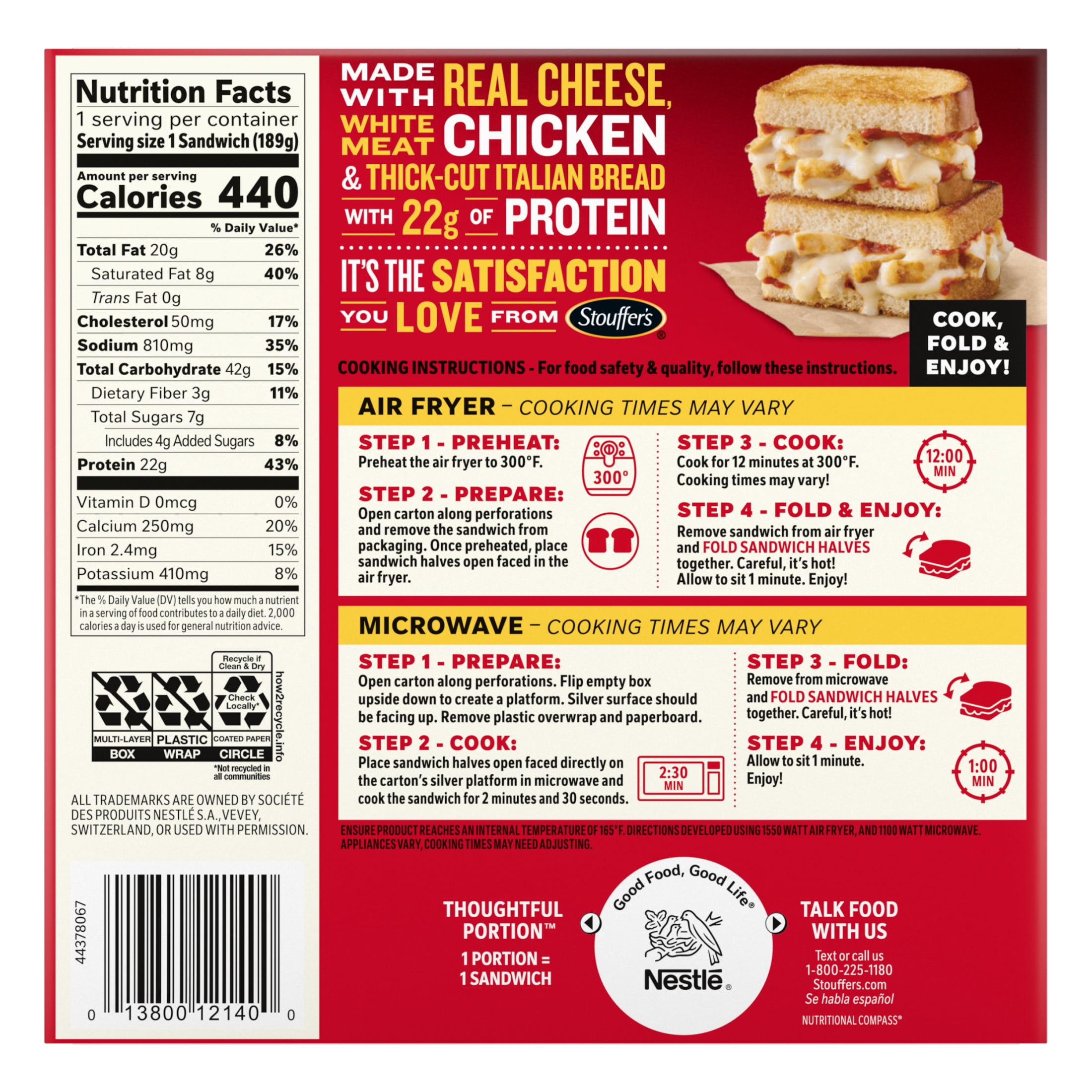 Stouffer’s Melt-FULLS Chicken Parmesan Frozen Sandwich High Protein Air Fryer Lunch, 6.6 oz