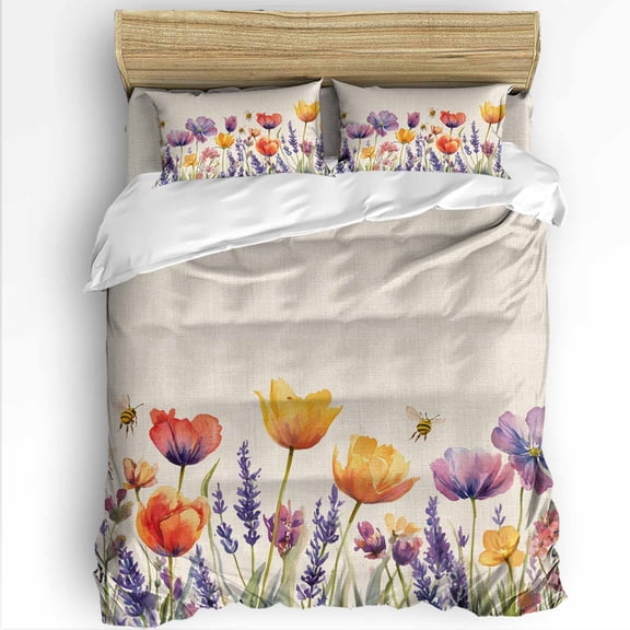 Colorful Floral King Size Comforter Set, Spring Flowers Lavender Bee Rustic Soft Bedding for All Seasons, 4 Pcs Bed Set with 1Comforter (90"x106") ,1 Sheet(94"x116"), 2 Pillowcases (19"x35")