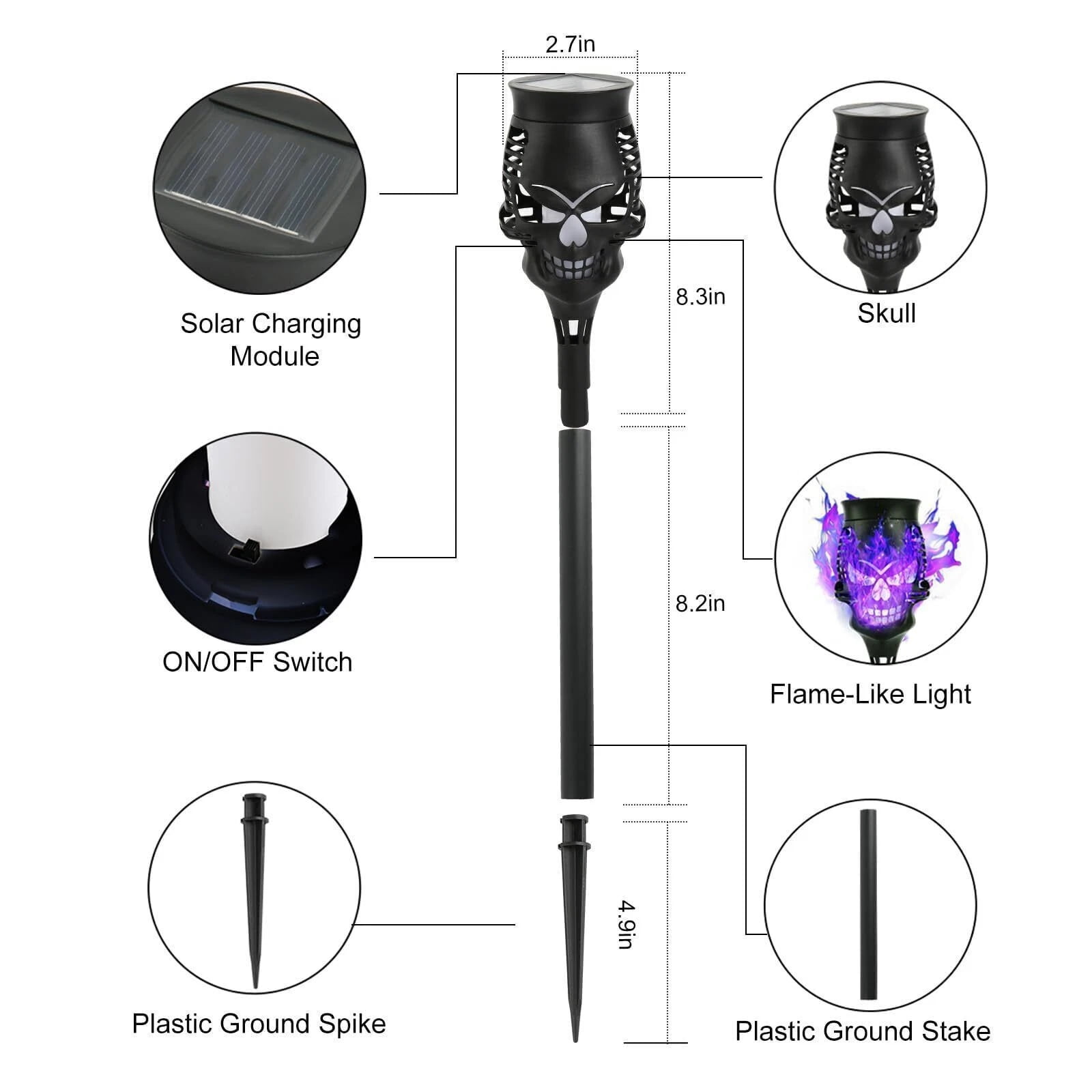 Halloween Solar Torch Lights, 4-Pack Flickering Flame Outdoor Lighting - Waterproof Pathway & Garden Decor, Purple Skull Design