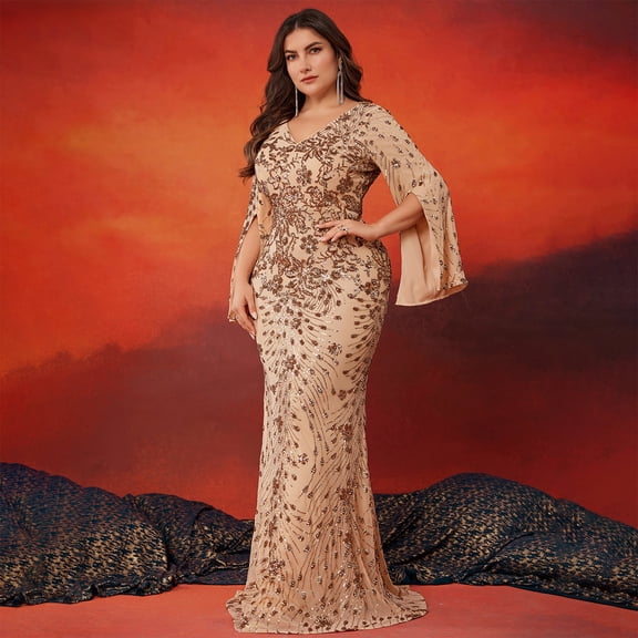 Plus Size Formal Dresses for Women with Embroidery Sequin and Cape Sleeve, V-Neck Maxi Dress for Wedding and Party