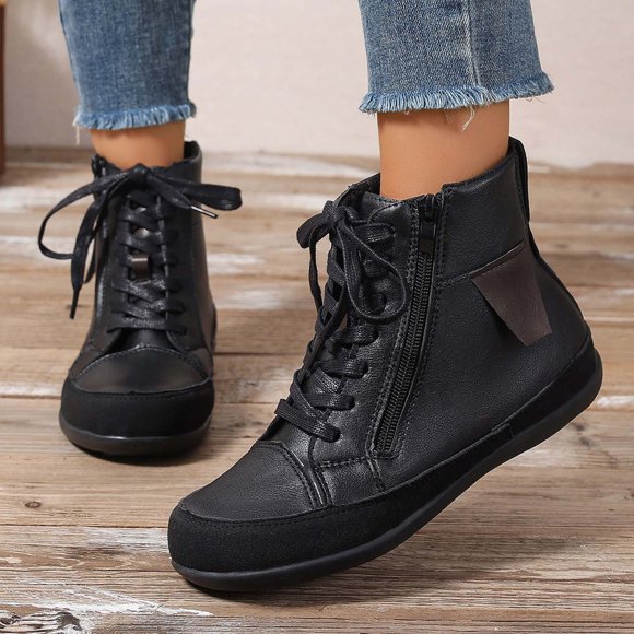 Fankiway Women's Ankle Boots Winter Flat Sole Side Zipper Lace-Up Comfortable Faux Leather Boots for Women Black
