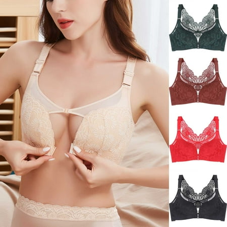 

Mlqidk Women s Front Closure Bra Full-Coverage Hollow Out Bras Lace Padded Underwire Deep U Floral Bra for Everyday Wear Beige 95C