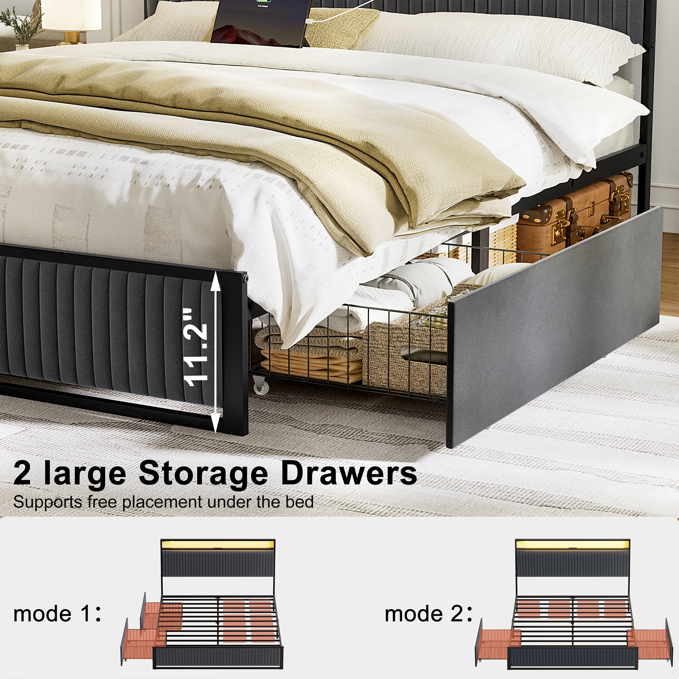 GUNAITO Queen Bed Frame with 2 Storage Drawers, Platform Bed with Headboard, Velvet Upholstered Bed Frame with LED Lights & Charging Station, Dark Grey