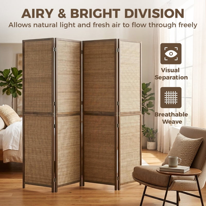 Alvantor 4-Panel Folding Privacy Screen, Freestanding Bamboo Room Divider with Open-Weave Design 63"x70.9" Brown
