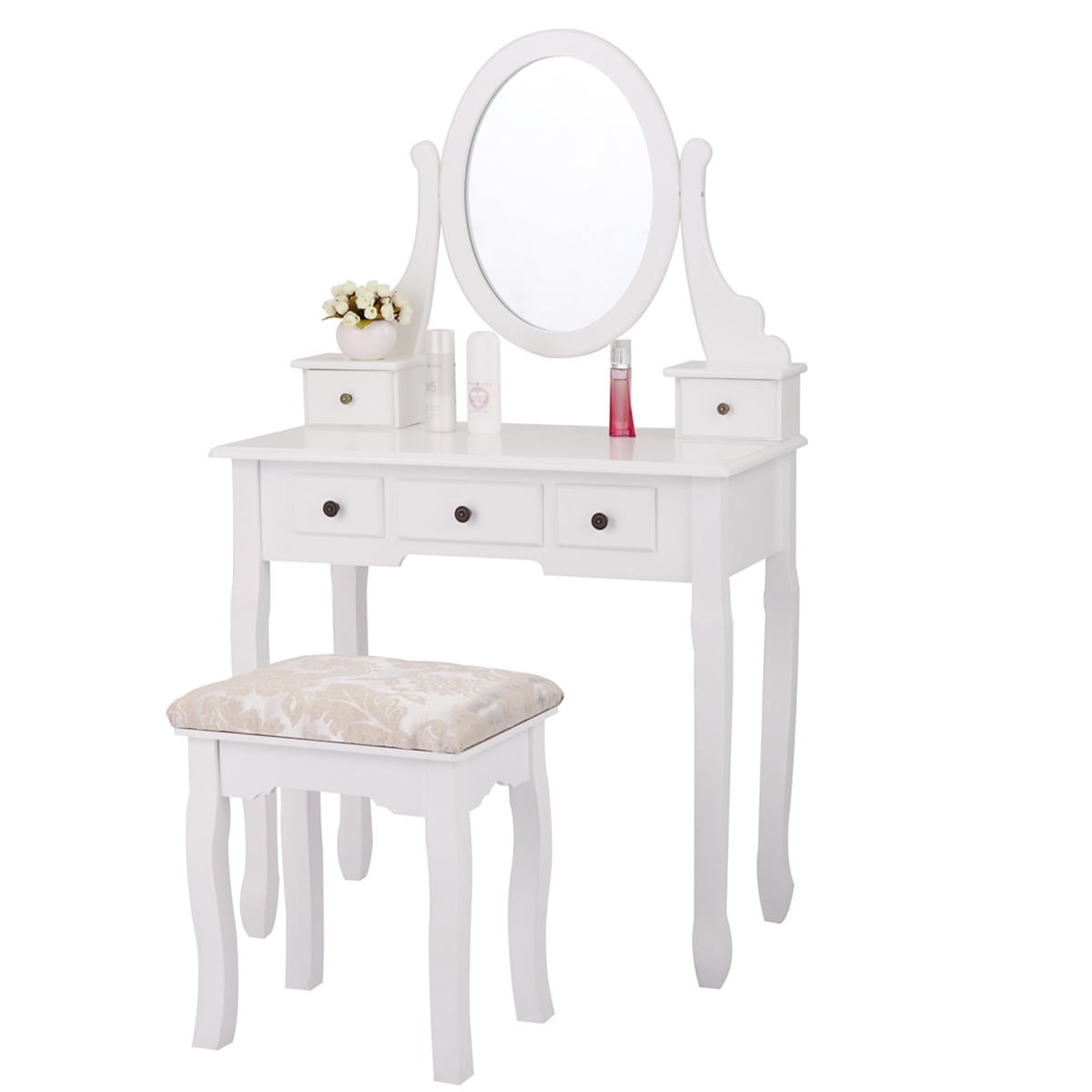 Kepooman Wooden Vanity Set, Makeup Dressing Desk with Cushioned Stool, Oval Mirror and 5 Drawers - White Kepooman Wooden Vanity Set, Makeup Dressing Desk with Cushioned Stool, Oval Mirror and 5 Drawers - White