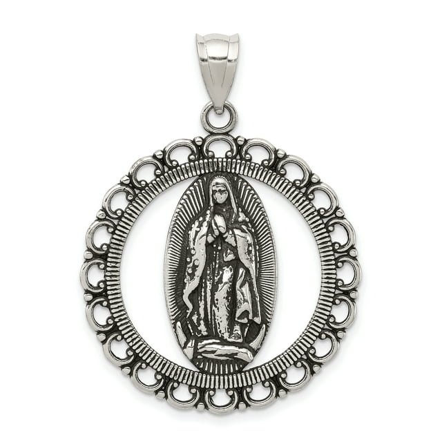 925 Sterling Silver Vintage Religious Ruffled Circle Necklace Charm Pendant Medal Blessed Mary