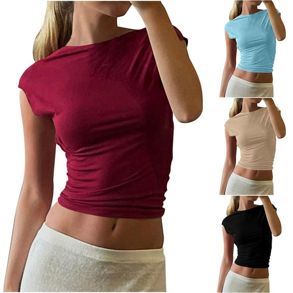 Fesfesfes Womens T Shirts Graphic Women's Hollowed-out Backless Top Tight-fitting Short-sleeved Navel High-neck Solid Color Hot Girl Beauty Top Short Sleeve Shirt XS(US:2)