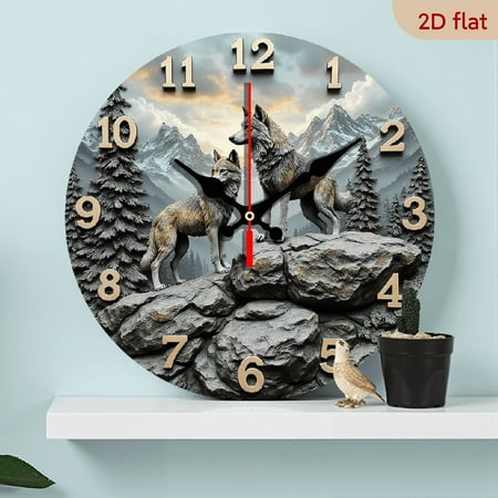 2D Flat 1pc 10Inch Wooden Mountain Wolf Pack Stone Wall Clock - Silent Round Wall Clock with Wolf Design, Battery Operated (AA Not Included) for Living Room Bedroom Decor, Perfect Gift