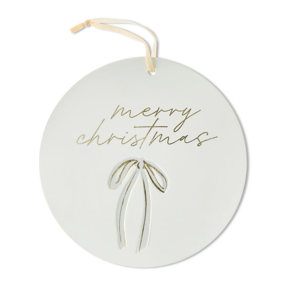 Stoneware Merry Christmas Hanging Decoration, White, 10", by My Texas House