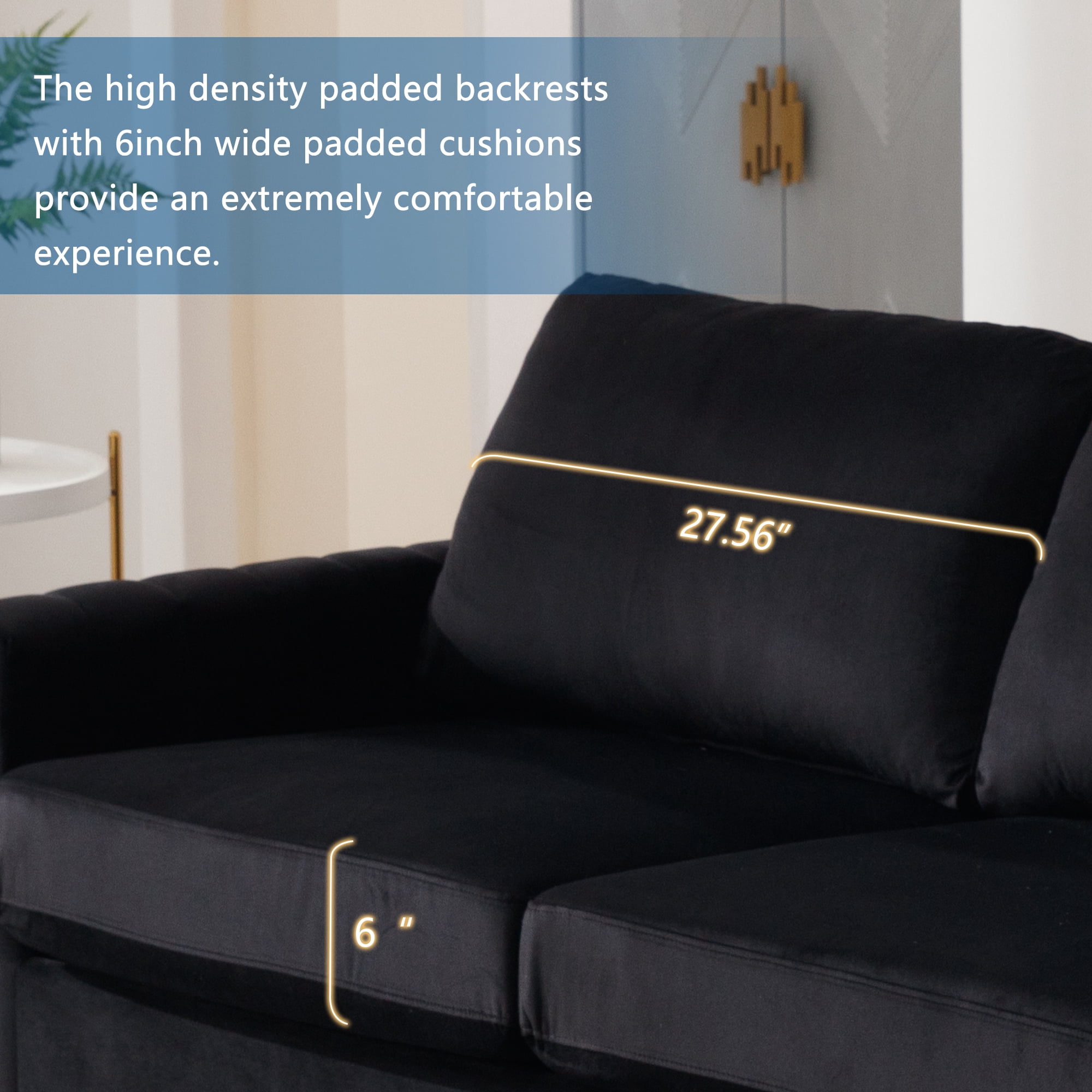 Lunale 65" Loveseat Sofa, Deep Seat Cloud Couch, Modern Velvet Living Room Sofa, Black