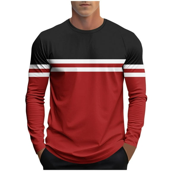 KeShDi Shirts for Men Fall Shirts Men Fashion Casual Striped Print Sports Long Sleeves Round-Neck Blouses Shirts Red 5X
