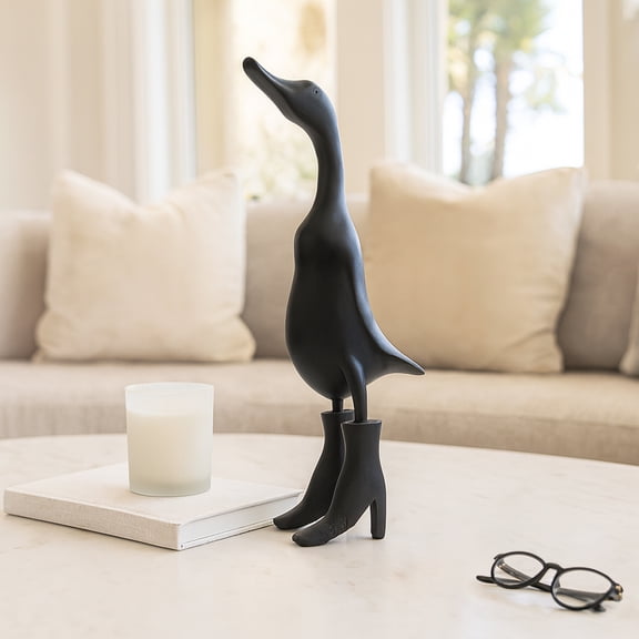 Duck in Rainboots Figurine for Home and Living Room Decor - Decorative Ornament Sculpture Perfect for Bathroom, Office, Room, and Shelf Decor - Stylish Coffee Table Decor Statues - 20", Black