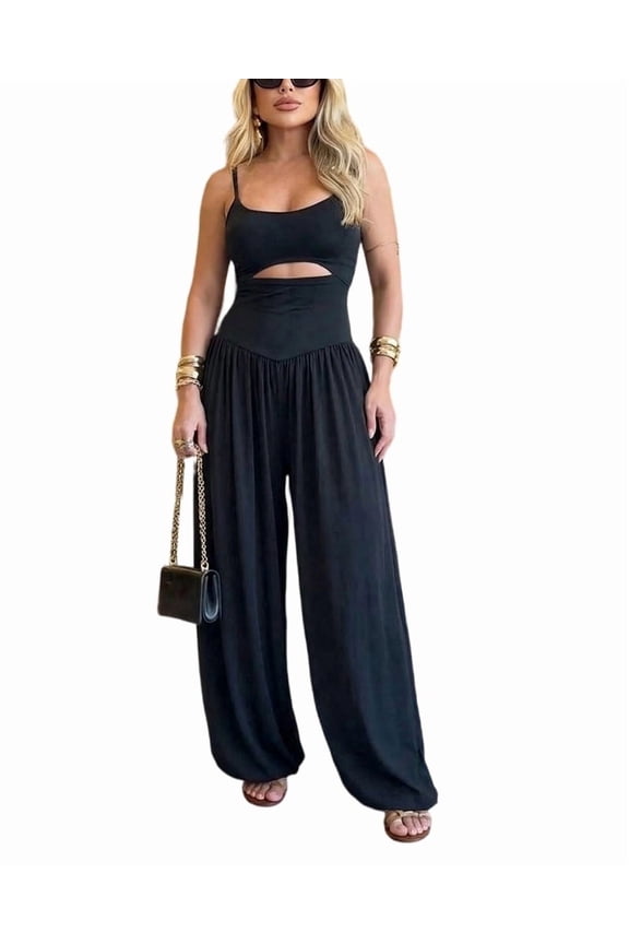 Jumpsuits for Women Sleeveless Cut-Out Waist Backless Tie-Back Ruched Wide Leg Vacation Summer Womens Jumpsuit Black-L