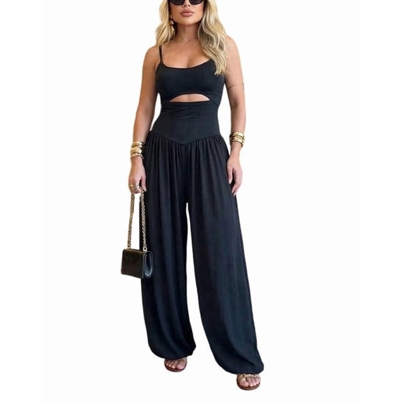 ChicMe Womens Jumpsuits Sleeveless Cut-Out Waist Backless Tie-Back Ruched Wide Leg Vacation Summer Jumpsuit for Women Black-L