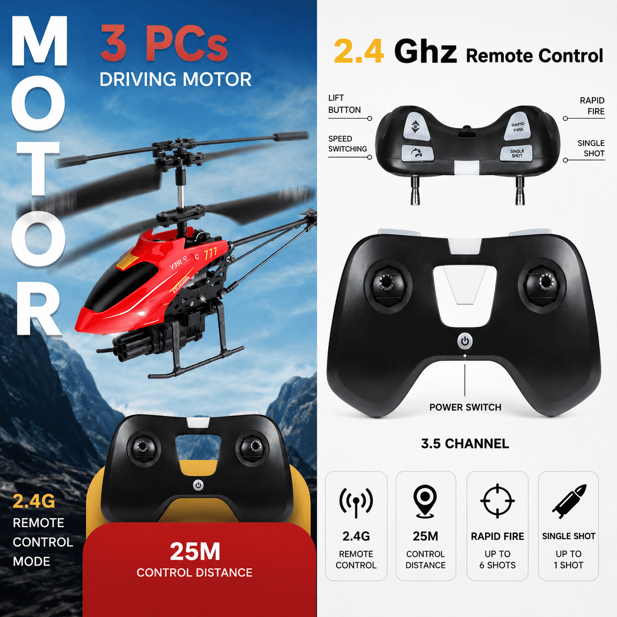Bruce&Shark RC Helicopter, WLtoys V398-C Remote Control Helicopter, 4 Channel RC Aircraft with 6-Axis Gyro, One Key Take Off/Landing, Easy to Fly for Kids and Beginners