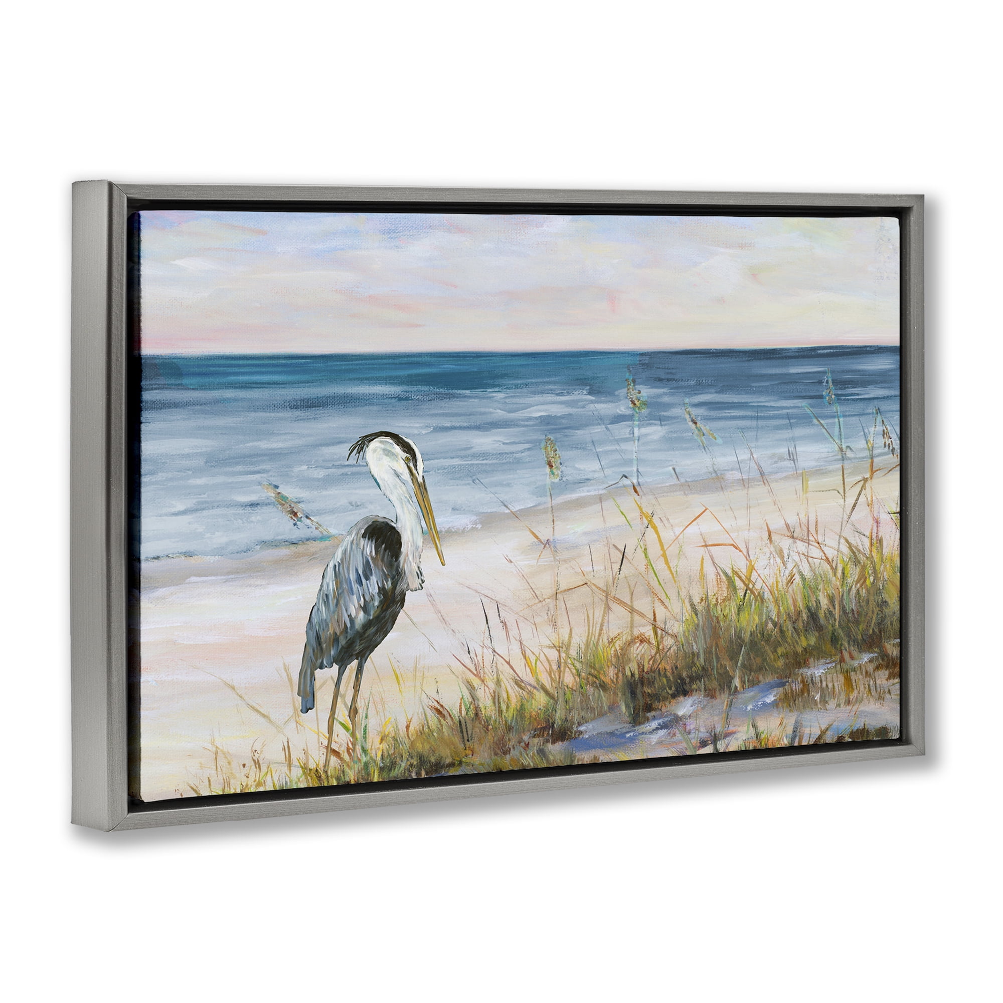 Stupell Industries Calm Pelican on Beach Landscape Painting Gray Floater Framed Canvas Art Print Wall Art, 25 x 17