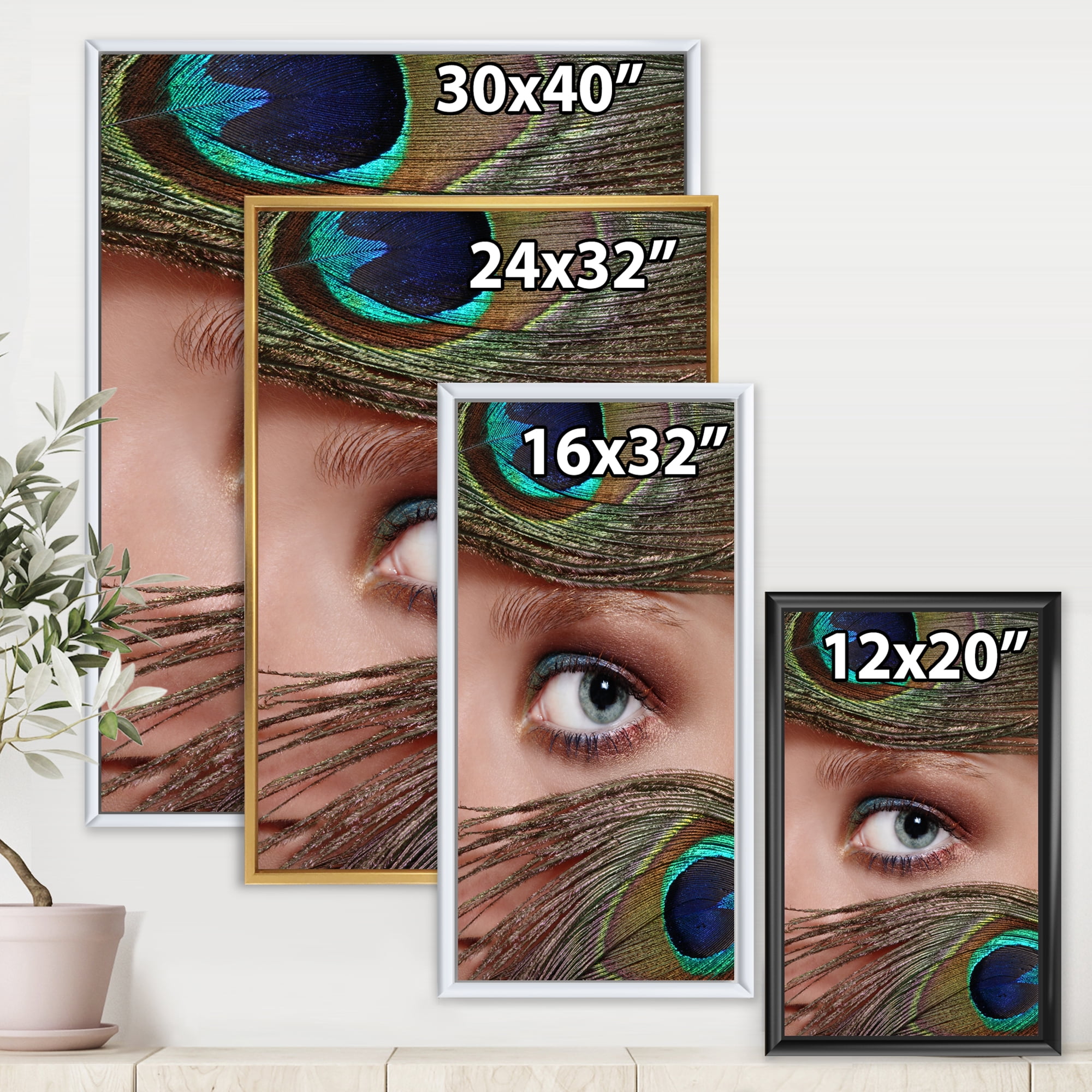 Designart 'Peacock Feathers and Eye' Bohemian & Eclectic Framed Canvas Wall Art Print