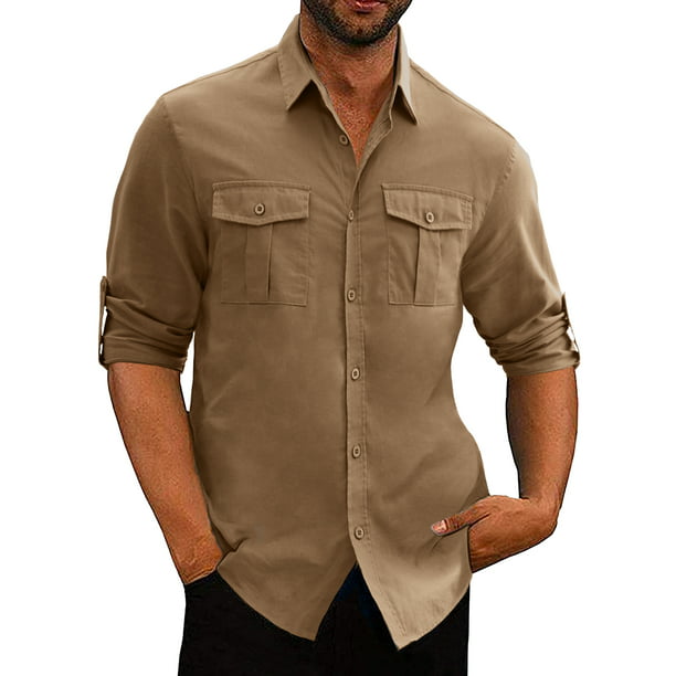 JMIERR Men Linen Long Sleeve Shirts Button Down Casual Regular Fit ...