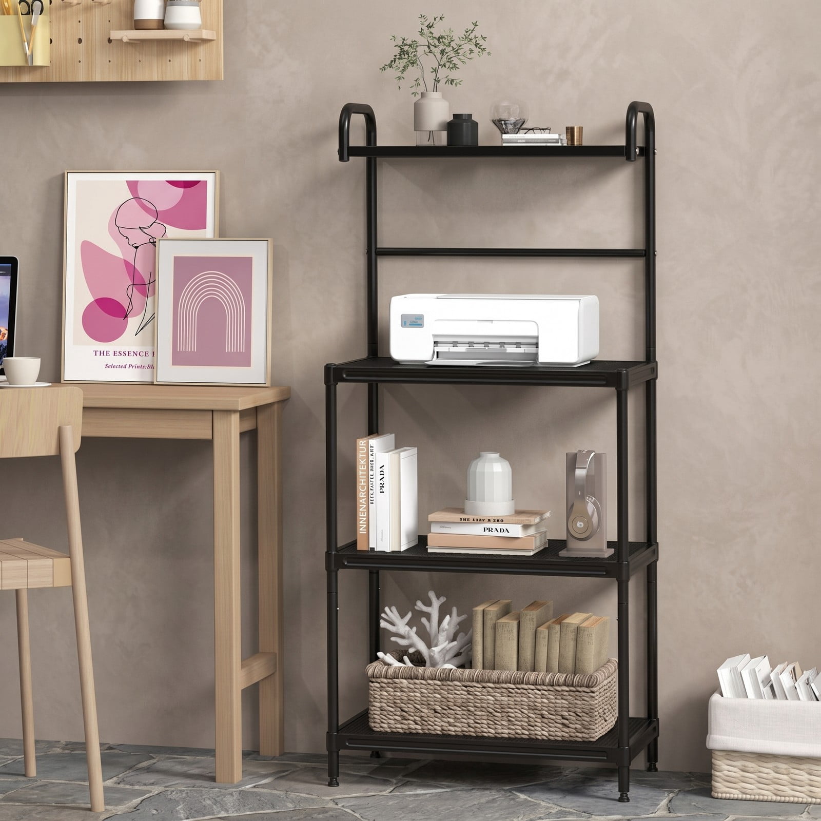 RUIE 4-Tier Kitchen Microwave Storage Rack, Freestanding Baker's Rack Organizer with Metal Shelves, Heavy-Duty Iron Utility Stand for Pantry Living Room, Black