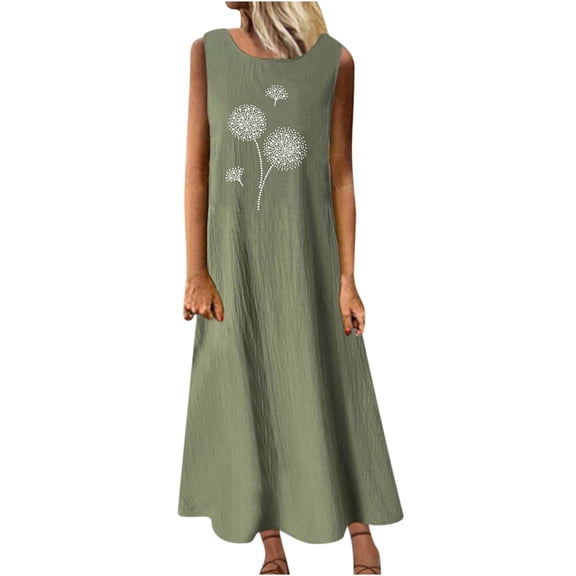 WREESH Womens Fashion Summer Sundress Casual Graphic Cotton Linen Dress Sleeveless Tank Maxi Dress Vacation Beach Long Dress with Pockets Olive Green
