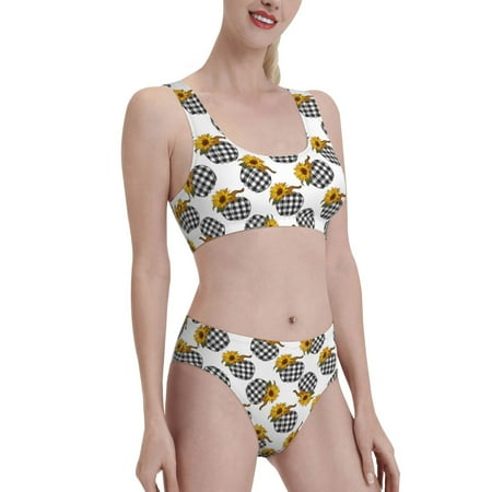 Uemuo plaid Pumpkin Daisy Printed Women s High Waisted Bikini Sets Sporty Two Piece Swimsuits Color Block Cheeky High Cut Bathing Suits-XX-Large