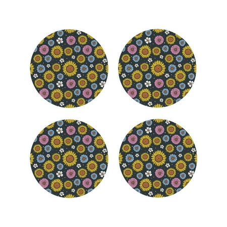 

Fuzoiu Colorful Sunflowers Print Leather Coasters Set Drink Coasters Set of 4 for Tabletop Protection Durable PVC Coasters Home Décor and Housewarming Gift-Round Shape