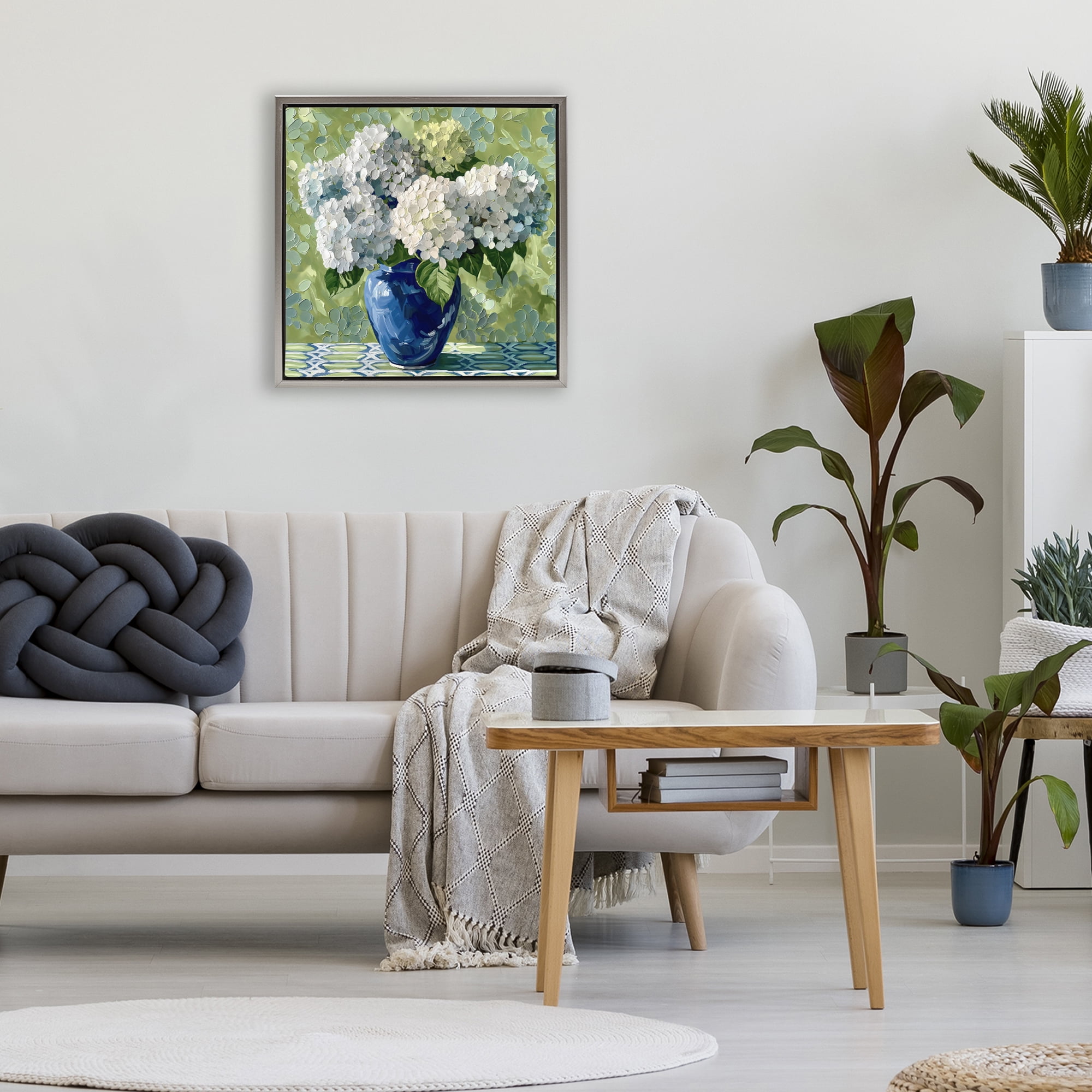 Stupell Industries White Hydrangeas in Blue Vase Gray Framed Floater Canvas Wall Art, design by Gina Kelly