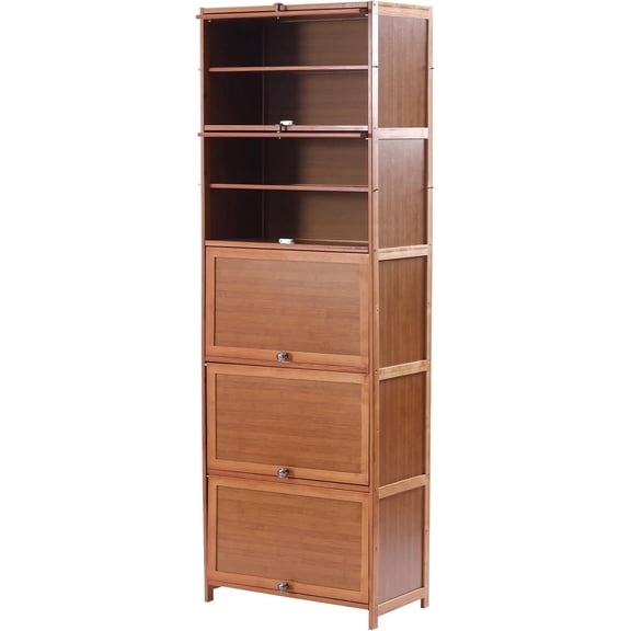 10 Tier Shoe Storage Rack,Tall Bamboo Shoe Storage Cabinet,Brown Floor Mount Shoes Heels Sneakers Shelf Rack with Concealed Sliding Cabinet Doors,Rectangular Shoe Cabinet for Living Room,Bedroom
