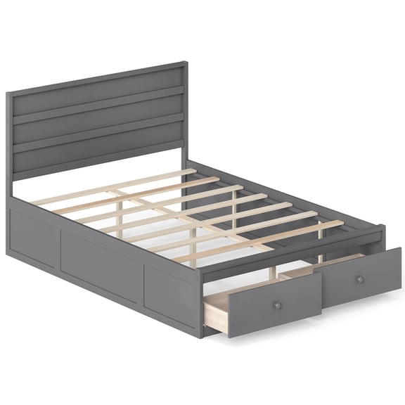 Infans Full Size Bed Frame w/Storage Drawers, Headboard, Wooden Slat Support, Gray