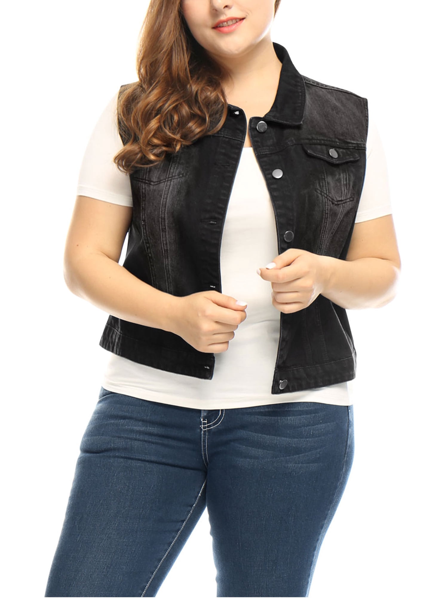 Unique Bargains Juniors' Plus Size Chest Pockets Single Breasted Denim Vest