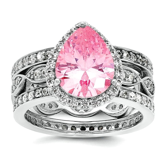 12.15mm 925 Sterling Silver Rhodium Plated Pink White Cubic Zirconia 3 Ring Set Size 5 Ring for Women