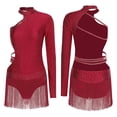 thumbnail image 3 of iiniim Women's Latin Dance Dress Single Long Sleeve Backless Rhinestone Fringe Ballroom Party Burgundy XL, 3 of 7