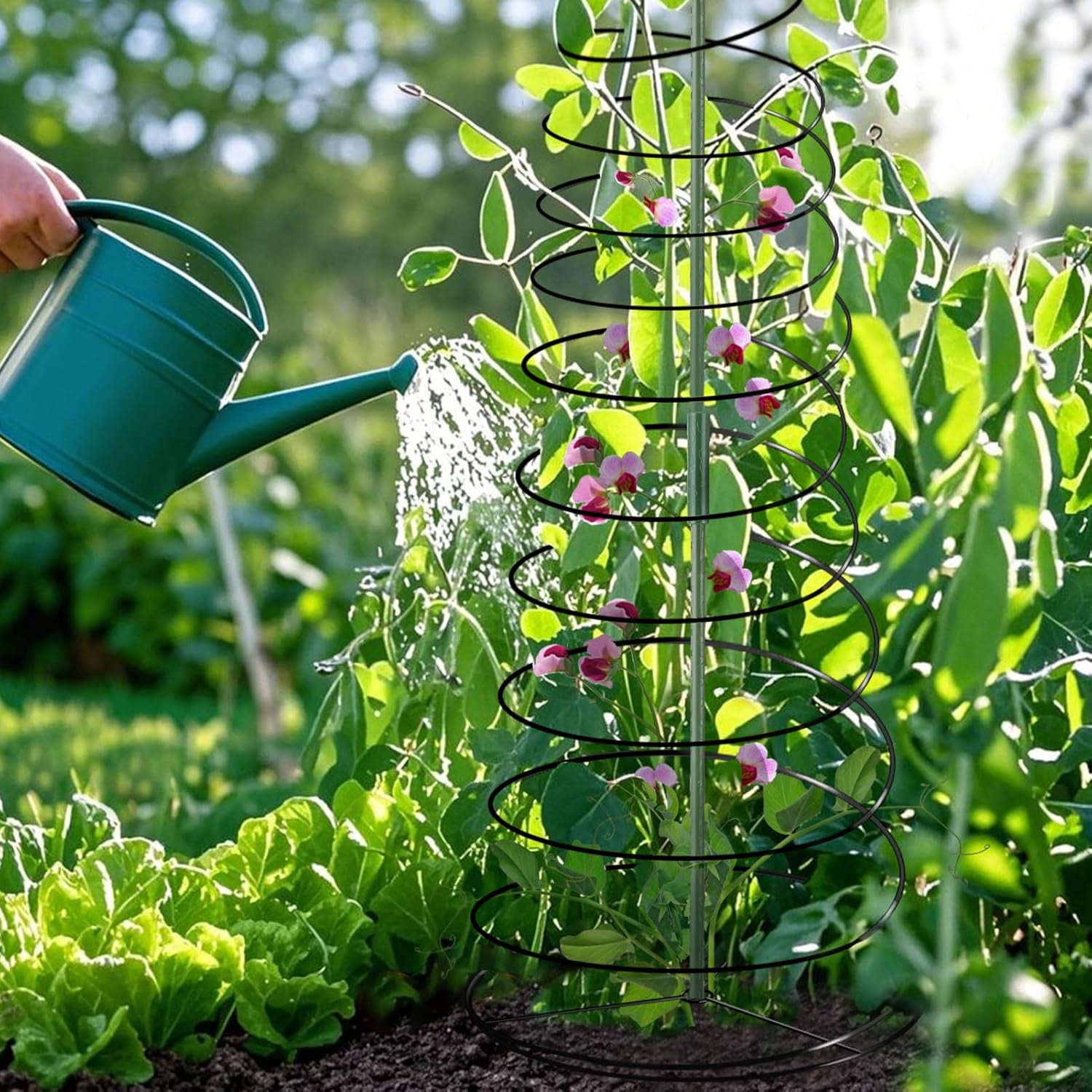 2-Pack Pea & Green Bean Trellis for Garden, 53.6" Stretchable Sugar Snap Tower, Rust-Proof Metal Climbing Plant Support Cage for Cucumber & Vines