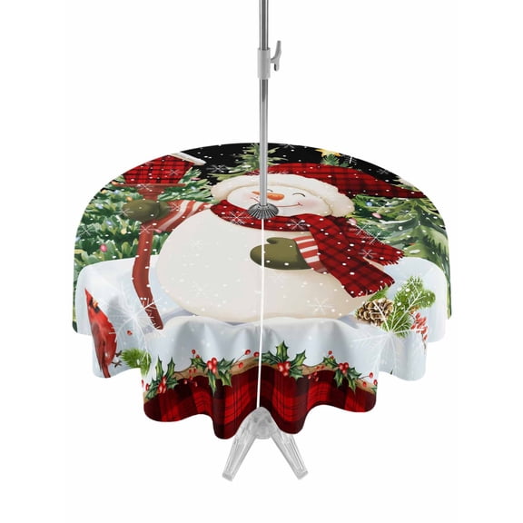 Outdoor Tablecloth with Umbrella Hole and Zipper, Black Red Snowman Christmas Round Table Cloth 60 Inch Waterproof Tablecloth, Xmas Tree Snowflake Winter Picnic Table Cover for Patio Camping