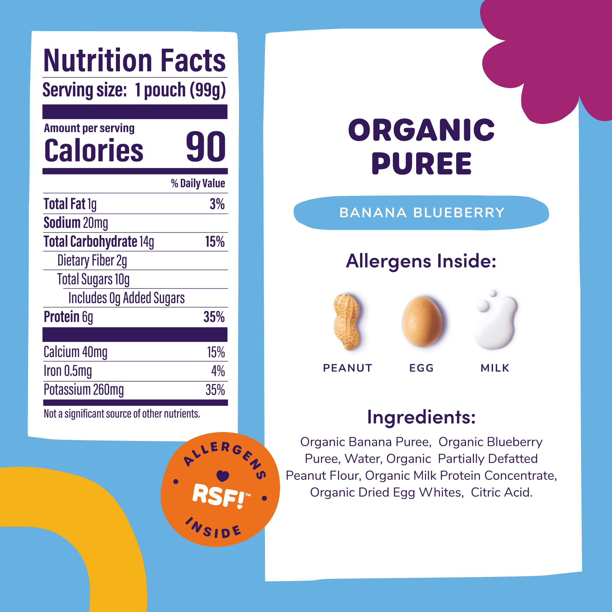 (12 pack) Ready, Set, Food! Daniel Tiger Stage 2 Baby Food, Banana Blueberry, Top Allergens, 3.5 oz Pouch