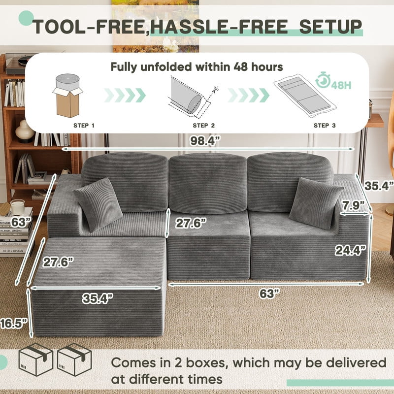Homall 98.4" L-shaped Multi-person Boneless Sectional Couches and Sofas Modular Sectional No Assembly Required Living Room Sofa Furniture Sets, Gray