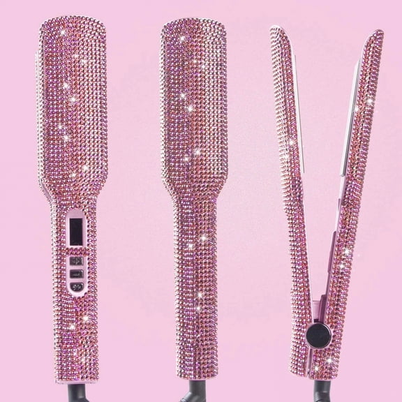 2 Inch Titanium Ceramic Hair Flat Iron with Rhinestone Decor, Professional Salon Hair Straightener, Fast Instant Heat‑Up, Max 480°F, Dual Voltage, Rose Pink