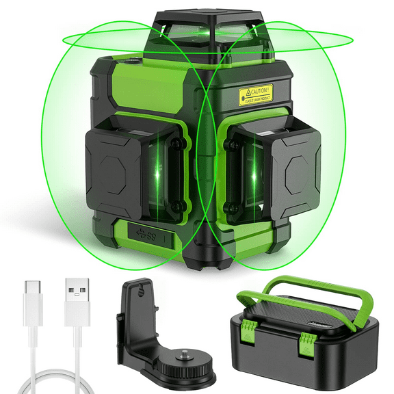 Huepar 3 x 360 Degree Green Beam Laser Level Outdoor 3D Self-Leveling Cross Line Laser Level Tool with Li-ion Battery and Hard Carry Case