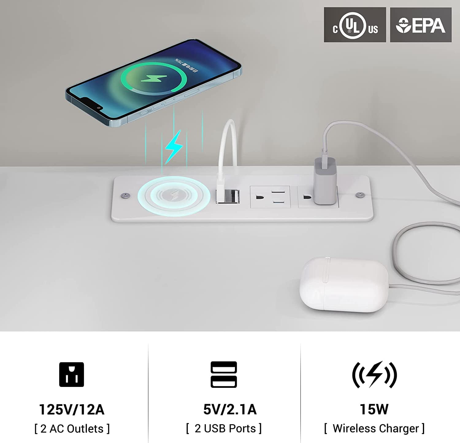Amuzer Nightstand with Drawers, End Table with Wireless Charging Station, Side Table with LED Lights, White