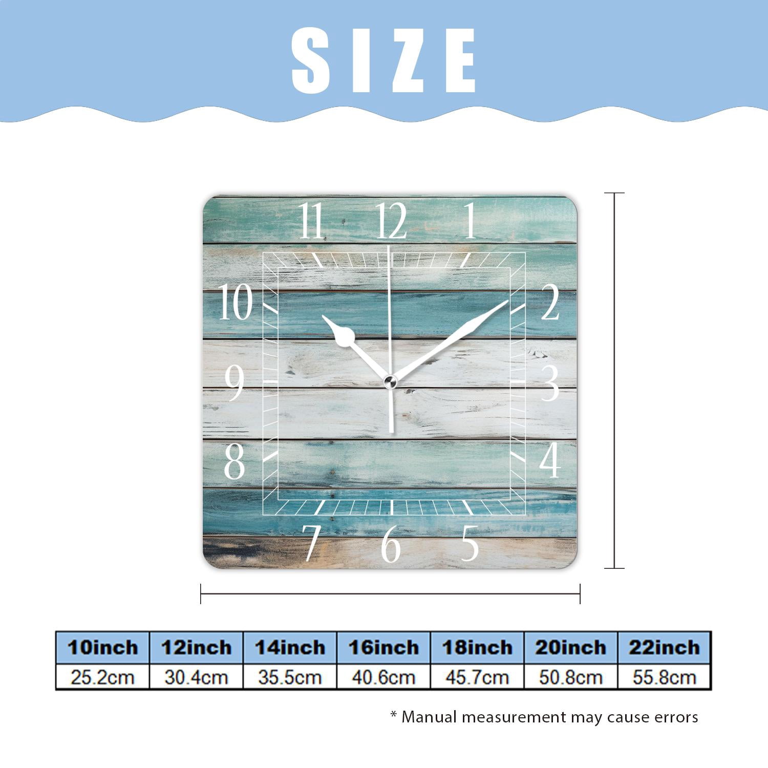 14 Inch Wall Clock Battery Operated Square Clock Decorative for Office, Kitchen, Outdoor, Living Room，Turquoise Wooden Print