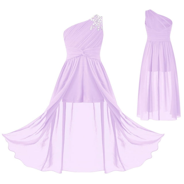 Alvivi Robe de Soirée Maxi en Chiffon Froncé à une Épaule pour Filles, Tenue de Danse Lavande 6