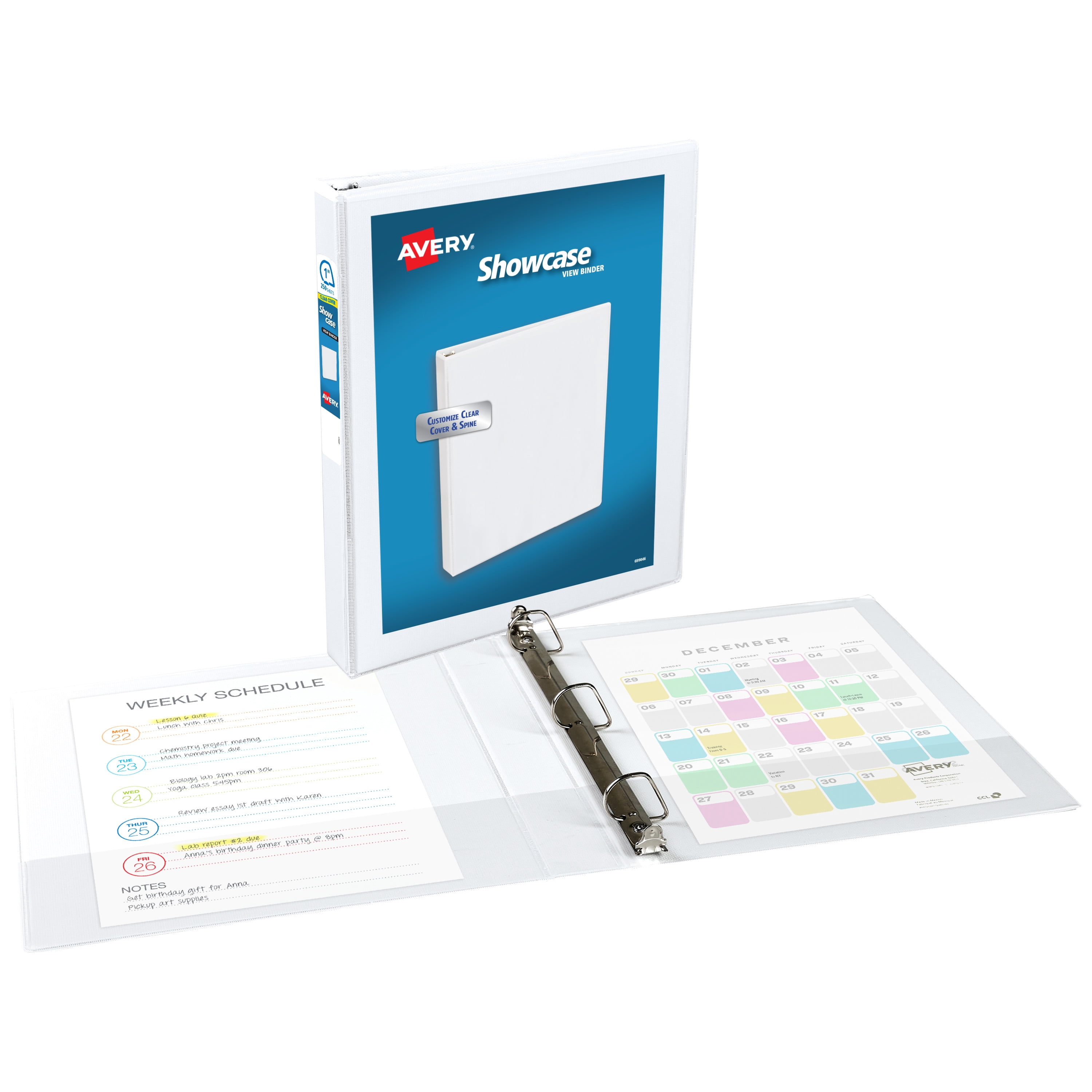 Avery® Showcase Standard View 3 Ring Binders, 1" Slant Rings, 250-Sheet Capacity, 1.4 inch Wide Spine, White Binders, Ideal for Lightweight Organization and Occasional Referencing (4-Pack of 22343)
