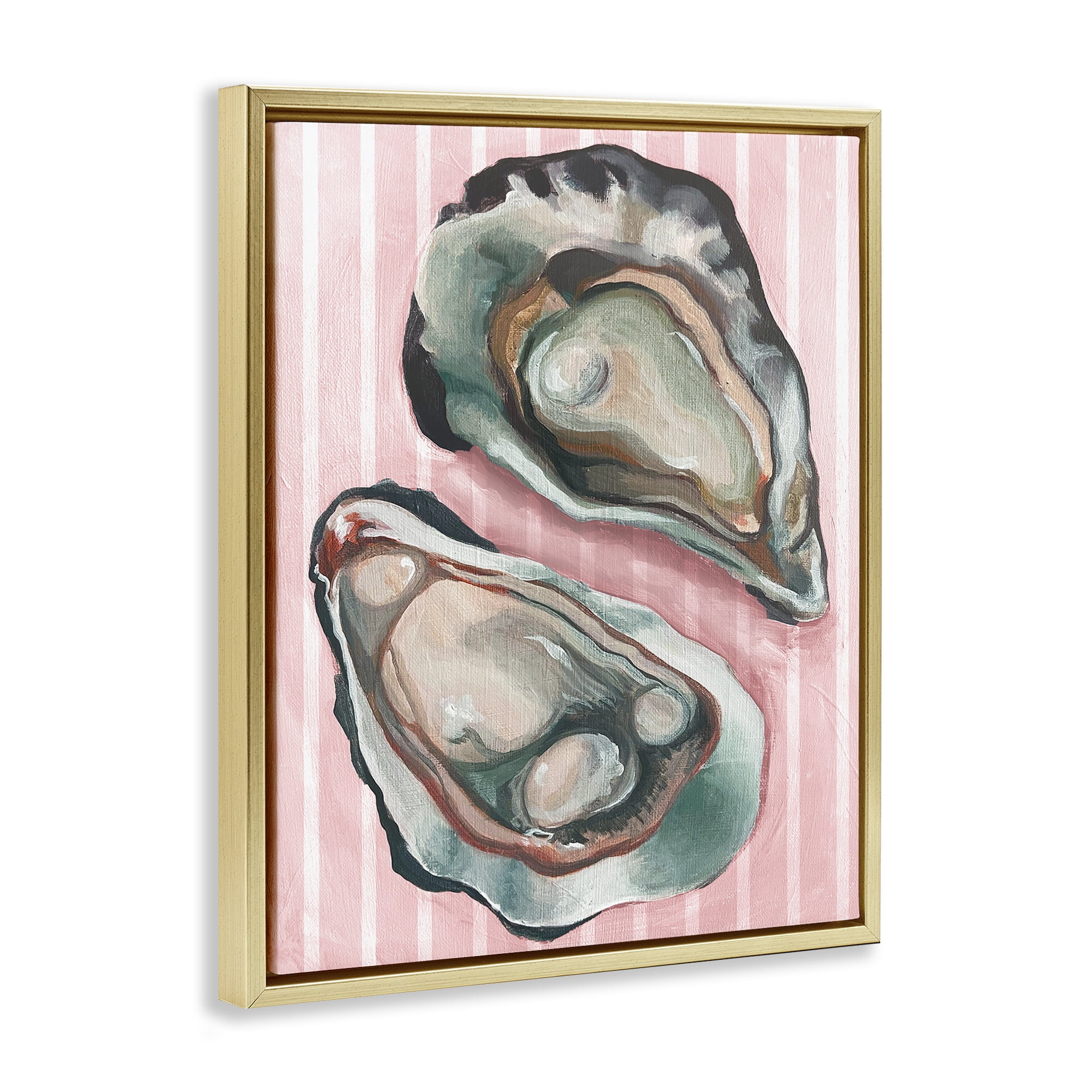 Stupell Industries Oysters on Pink Stripes Animals Painting Gold Floater Framed Canvas Art Print Wall Art, 17 x 21