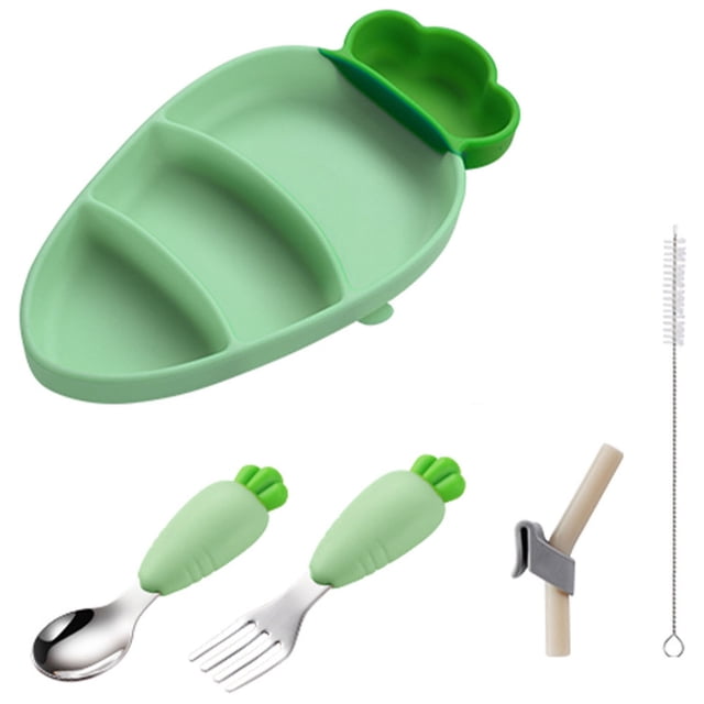 CSChome Toddler Dinner Plate With Divided Sections Carrot Silicone Plate Set Baby Suction Cup Plate, Safe Self feeding, Includes Straws, Cutter, and Forks