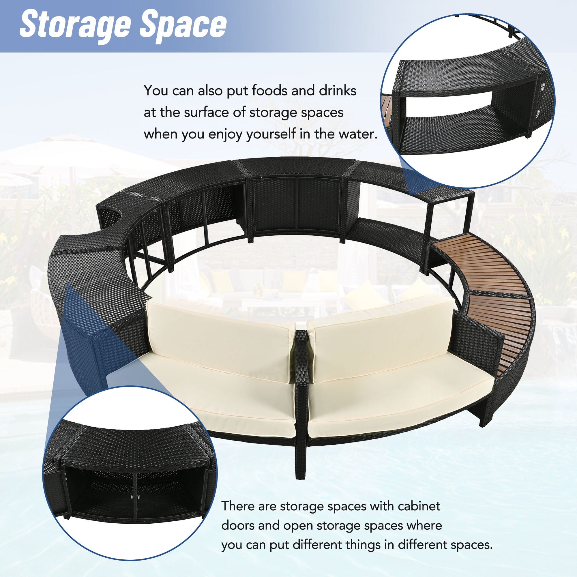 Outdoor Rattan Furniture Set Hot Tub Parts, Surround Outdoor Spa Sectional Sofa Frame, Loveseat with Beige Cushions, Wooden Bench, Storage Cabinet, Large Top Space, 112.2’’Dia