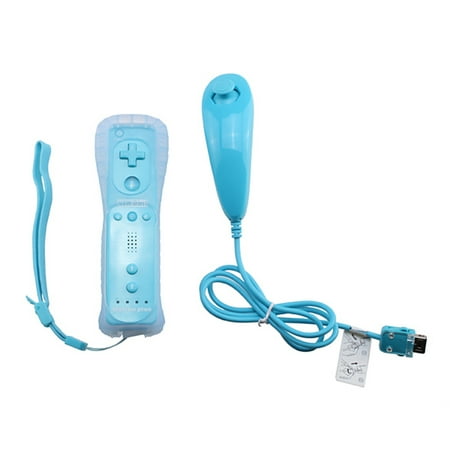 Blue Built-in Motion Plus Remote + Nunchuck Controller For Wii + Silicone Case + Wrist Strap
