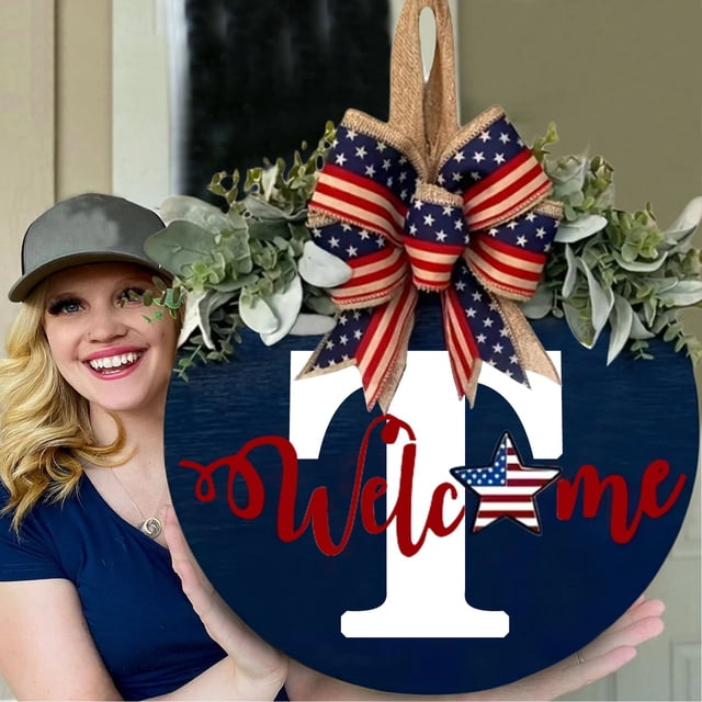 Patriotic Front Door Welcome Wreath Family Name Decoration for Independence Day Celebration